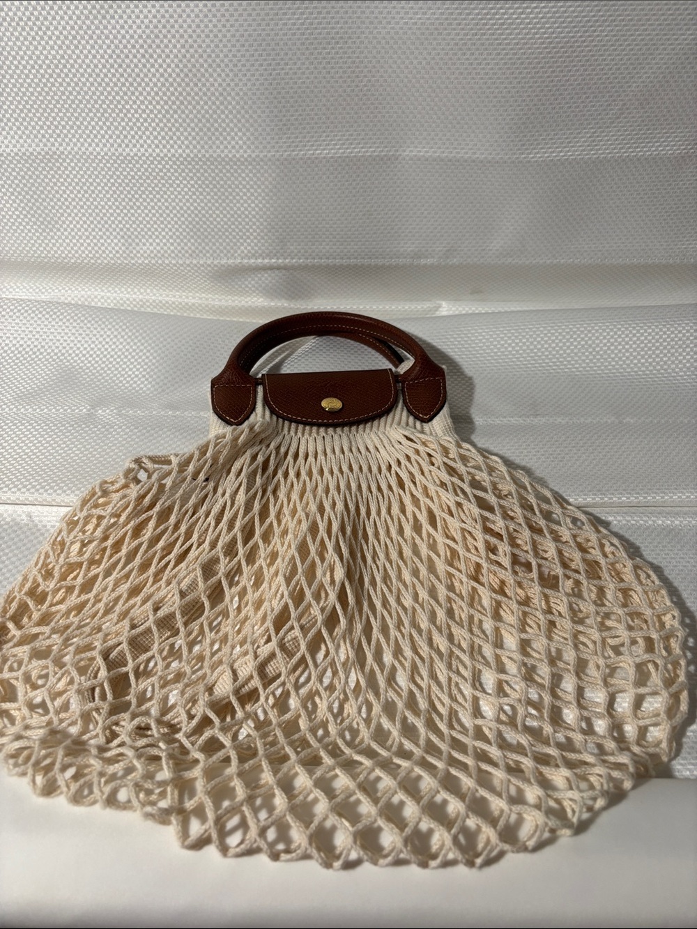 Longchamp Cream Knit Net Tote with Brown Leather Trim - Picture 5 of 5